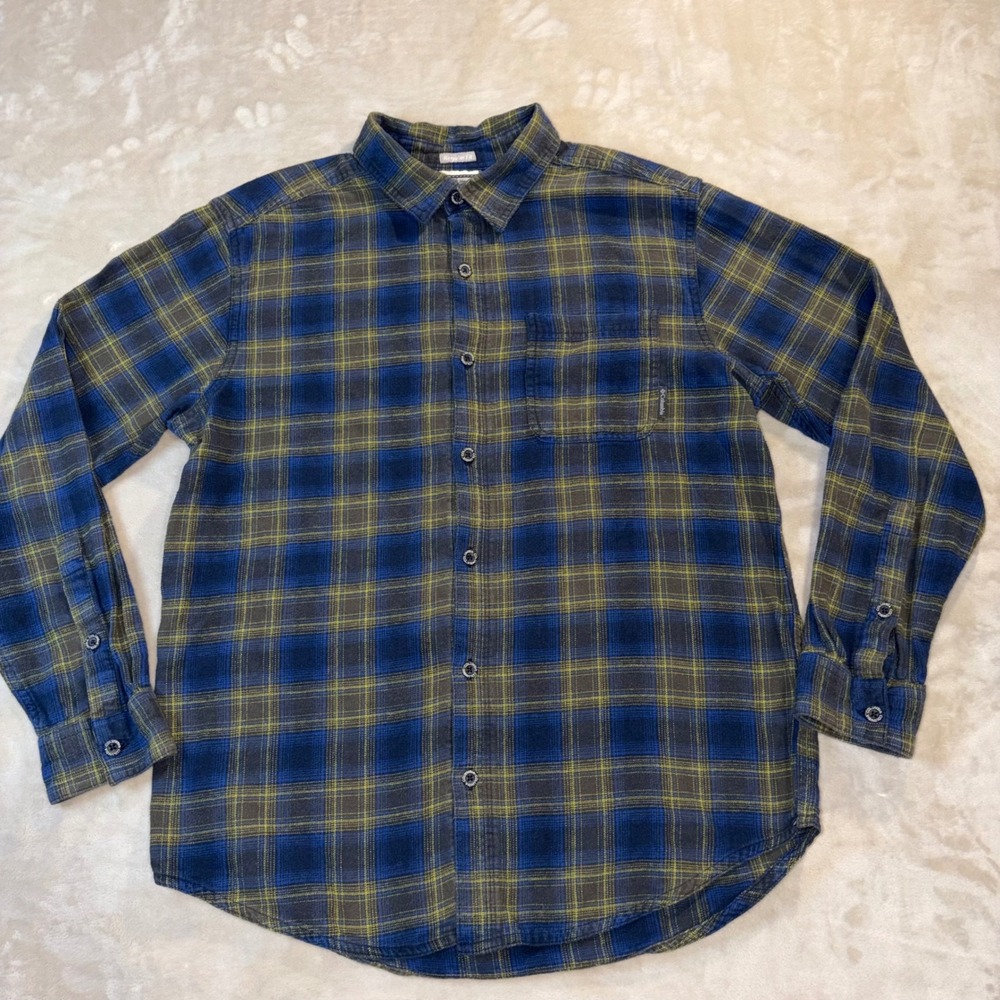 Columbia Mens Plaid Flannel Button Down Shirt Blue Yellow Regular Fit Medium